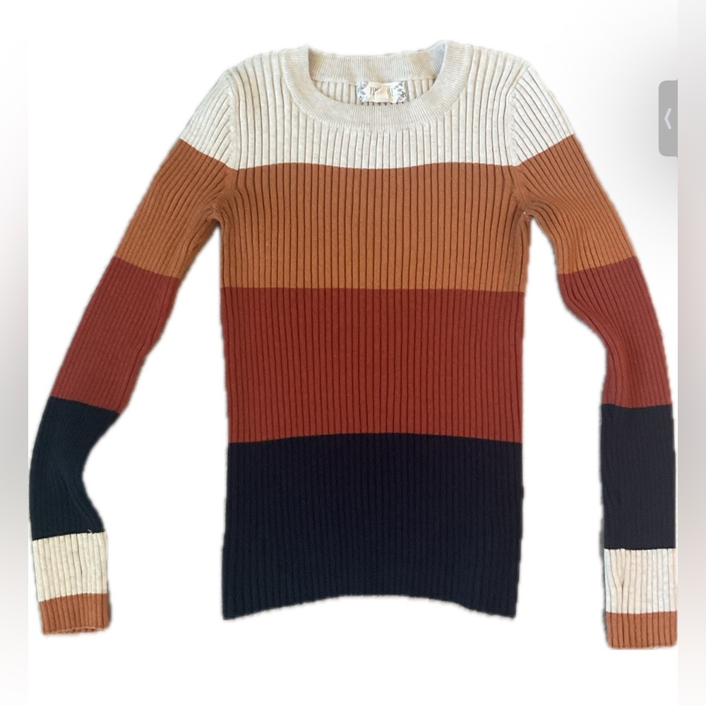 Pink Rose Color block Ribbed  Crew Neck Fall Sweater